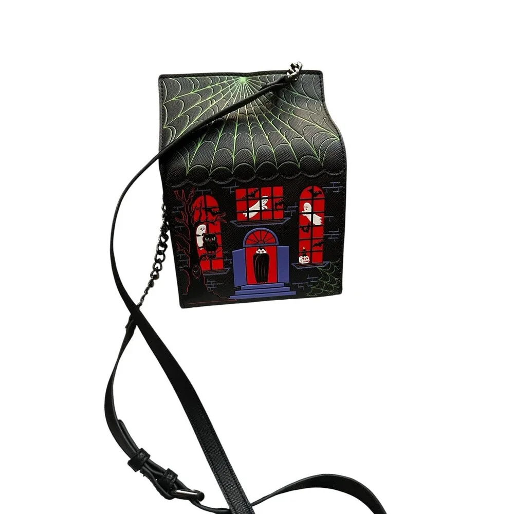 Mad Engine Haunted House Ghosts Dracula Spider Web Crossbody Bag Black EUC